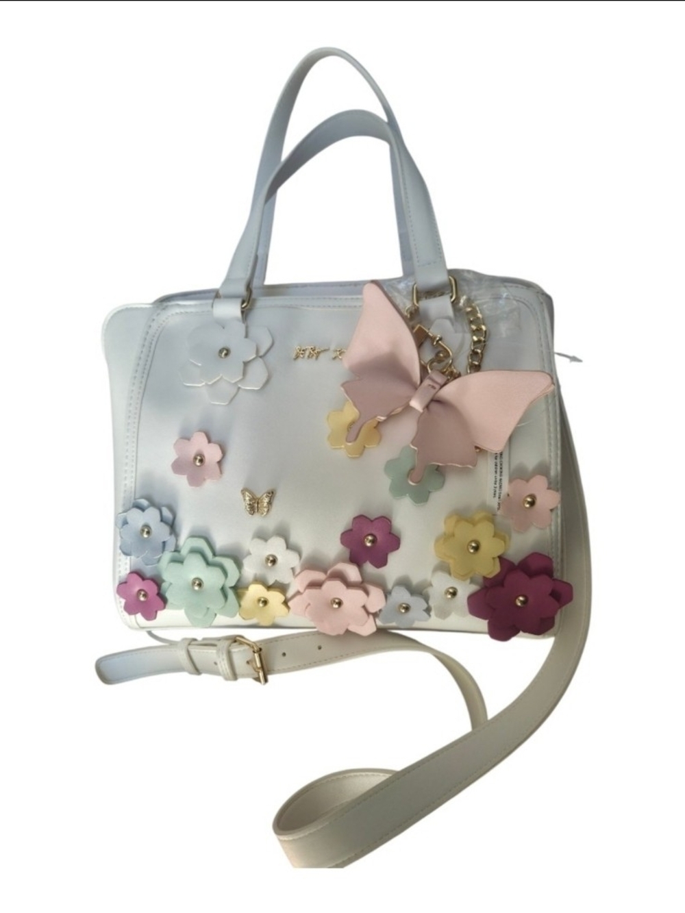 Womenβs White Floral AppliquΓ© Satchel with Pink Bow Charm